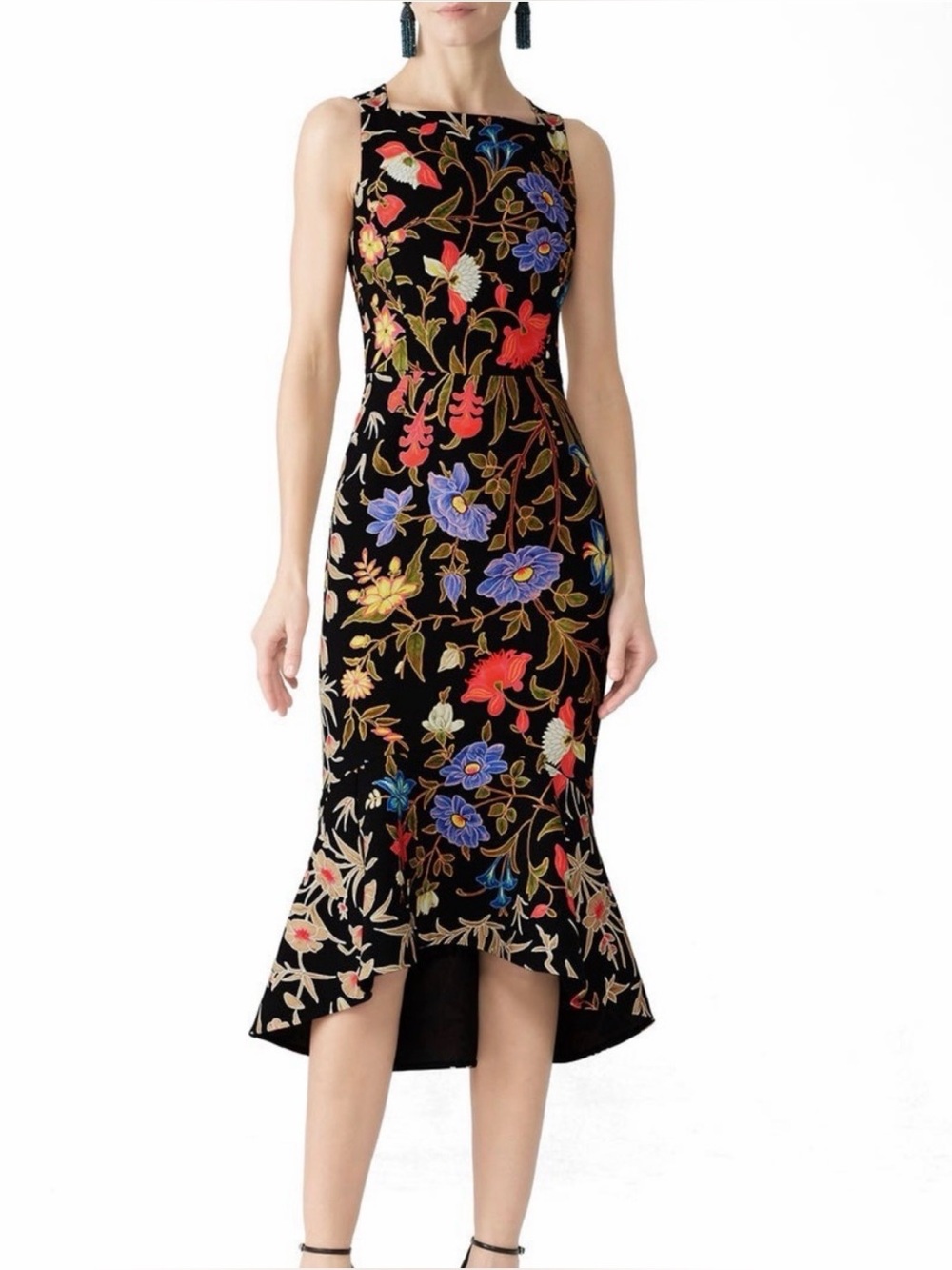 Peter Pilotto Black with Multicolor Floral High-Low Sheath Dress, Sz 10